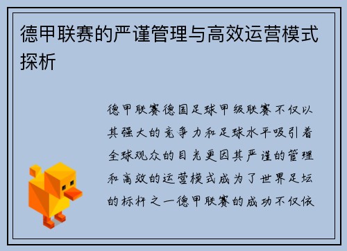 德甲联赛的严谨管理与高效运营模式探析