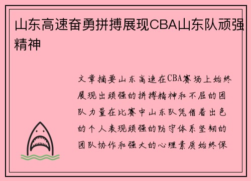 山东高速奋勇拼搏展现CBA山东队顽强精神 山东高速奋勇拼搏展现CBA山东队顽强精神