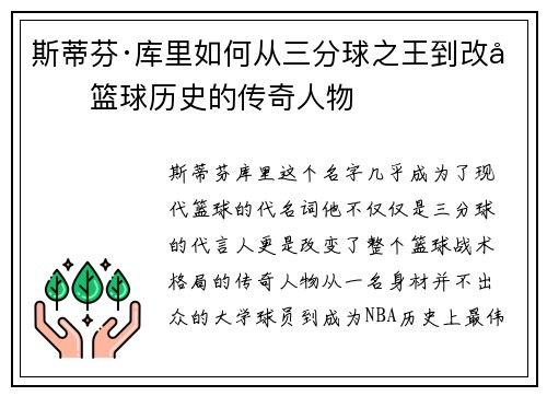 斯蒂芬·库里如何从三分球之王到改变篮球历史的传奇人物 斯蒂芬·库里如何从三分球之王到改变篮球历史的传奇人物